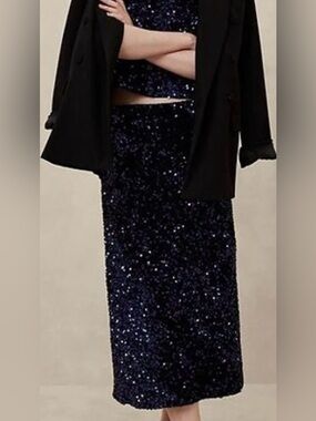 Banana Republic Navy Sequin Midi Skirt